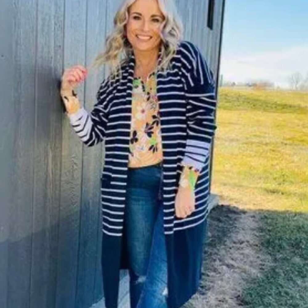 CAbi Boathouse Long Cardigan; Style #6243 Duster Navy White Large